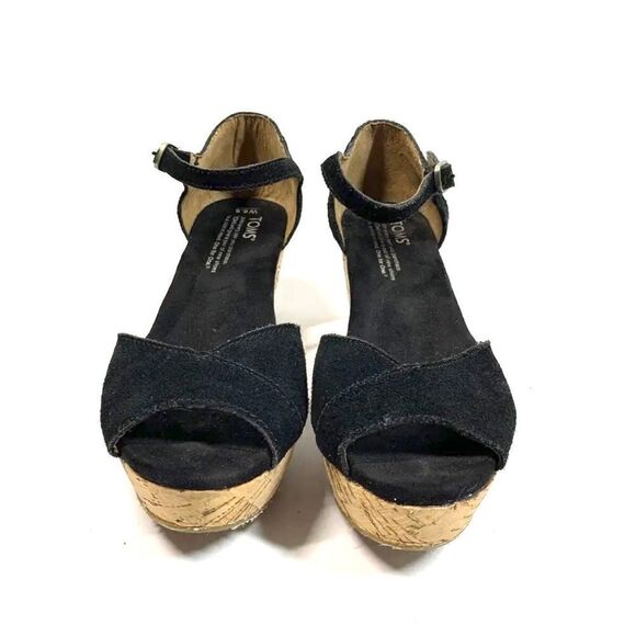Toms Black Suede Leather Cork Wedge Open Toe Platform Sandals Women Size 6.5 - Picture 2 of 6